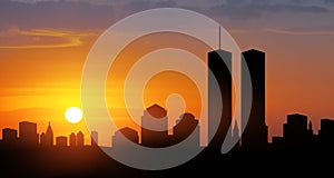 New York skyline silhouette with Twin Towers at sunset. American Patriot Day banner.