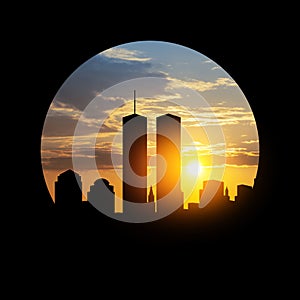 New York skyline silhouette with Twin Towers at sunset in a round black frame. American Patriot Day.