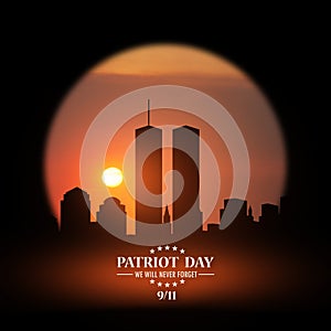 New York skyline silhouette with Twin Towers at sunset in a round black frame. American Patriot Day.