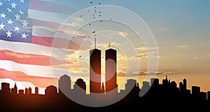 New York skyline silhouette with Twin Towers and USA flag and birds flying up like souls at sunset. Patriot Day banner.