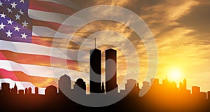 New York skyline silhouette with Twin Towers and USA flag at sunset. American Patriot Day banner.