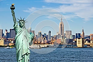 New York skyline and the Statue of Liberty, New York City collage, travel and tourism postcard concept