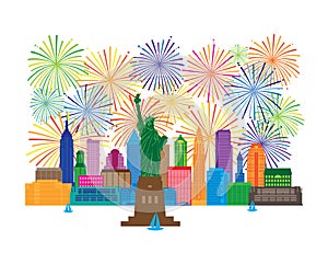 New York Skyline and Stature of Liberty Fireworks vector Illustration