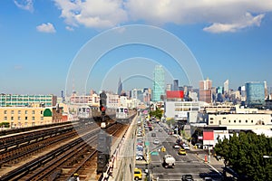 New York skyline and subway train