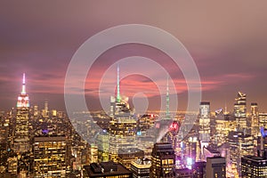 New York skyline from the top of  The rock observation deck in Rockefeller center at night