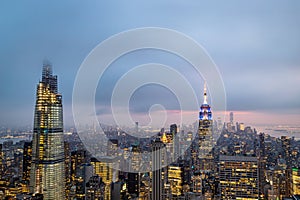 New York skyline from the top of  The rock observation deck in Rockefeller center at night