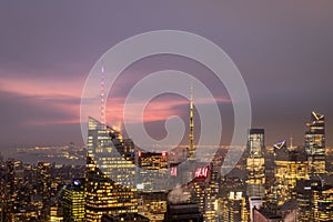 New York skyline from the top of  The rock observation deck in Rockefeller center at night