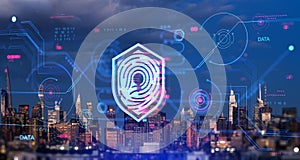New York skyscrapers, biometric scanning and digital hologram with fingerprint