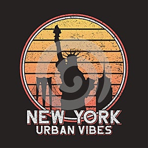 New York slogan typography for design t-shirt with city buildings. NYC original grunge print for tee shirt. Vector