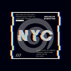 New York slogan typography graphics with glitch effect. NYC modern print for t-shirt design. Vector.