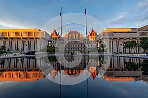 New York State Capitol building reflection at Sunset, Albany, NY, USA