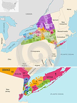 New York state counties colored by congressional districts vector map with neighbouring states and terrotories