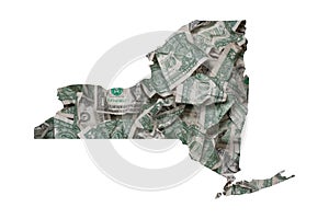 New York State Map Outline, Crumpled United States Dollars, Waste of Money Concept