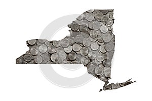 New York State Map Outline with Piles of Shiny United States Nickels, Money Concept