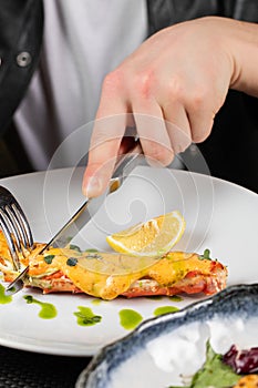 New York Strip Steak with Mashed Potatoes, raditional dinner meal with a bacon wrapped steak