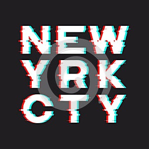 New York t-shirt and apparel design with noise, glitch, distortion effect. Vector print, typography, poster, emblem.