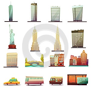 New York  Transportation Landscape Icons Set