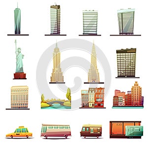 New York Transportation Landscape Icons Set