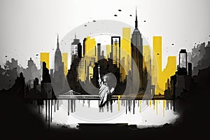 New York Travel Illustration, American Tourism Concept, Skylines, Landmarks, New York Silhouette Graphic Art
