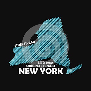 New York typography graphics for t-shirt. Print for apparel with hatching map. Streetwear design for original clothes. Vector.