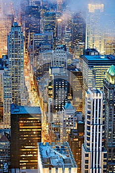 New York. United States. Aerial view of Manhattan at dusk