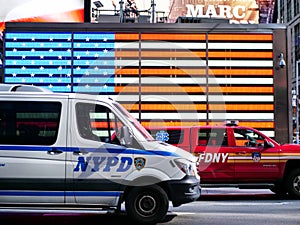 New York, United States, USA March 24, 2020: heoric NYPD, FDNY police and fire department in new york city in front of