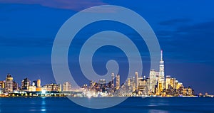 New york,usa, 08-25-17: new york city skyline  at night with reflection in hudson river