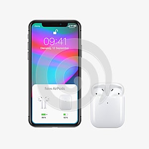 New York, USA - August 22, 2018: Stock vector illustration realistic new AirPods wireless Earphones in box and new Apple iPhone X