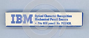 NEW YORK, USA - CIRCA NOVEMBER 2018: Box of IBM optical character recognition mechanical pencil erasers, fits IBM pencil No.