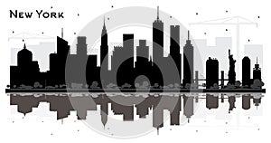 New York USA City Skyline Silhouette with Black Buildings and Reflections Isolated on White