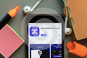 New York, USA - 1 December 2020: Ziiimo Etats mobile app icon on phone screen top view, Illustrative Editorial