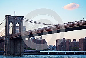 New York, Usa: an iconic view of Brooklyn Bridge at sunset