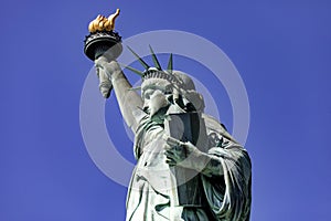 New York, USA June 1, 2023: Photo of the Statue of Liberty in Manhattan, the symbol of democracy and freedom.