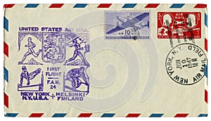 New York, The USA  - 19 June 1947: US historical envelope: cover with sport cachet Unites States Air Mail first flight Helsinki Fi