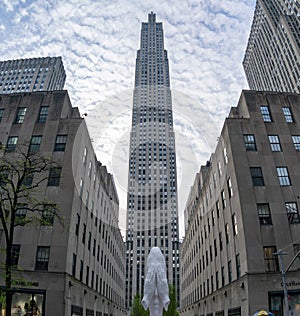 NEW YORK, USA - MAY 5 2019 - Sculpture at Rockefeller Center Behind the wall