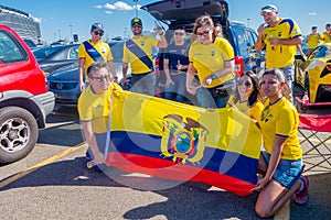 NEW YORK, USA - NOVEMBER 22, 2016: Unidentified ecuadorian fans celebrating the victory of Ecuador outside of Metlife