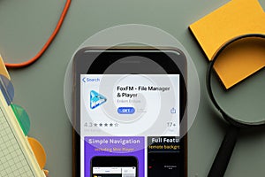 New York, USA - 26 October 2020: FoxFM File Manager mobile app logo on phone screen close up, Illustrative Editorial