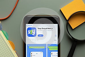 New York, USA - 26 October 2020: Yaay Sosyal Medya mobile app logo on phone screen close up, Illustrative Editorial