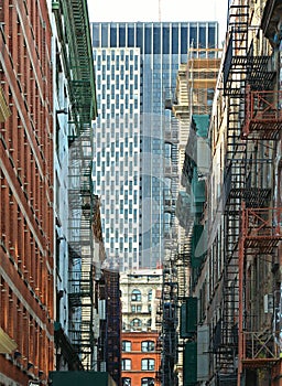 New York USA, old colorful classic buildings, facade, architecture, balcony and windows in Soho, Downtown Manhattan