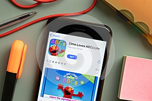 New York, USA - 29 September 2020: Elmo Loves ABCs Lite mobile app logo on phone screen close up, Illustrative Editorial