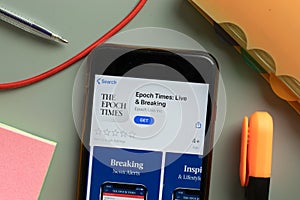 New York, USA - 29 September 2020: Epoch Times Live and Breaking mobile app logo on phone screen close up, Illustrative Editorial