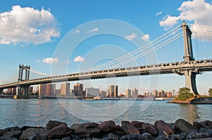 New York, Usa: skyline, skyscrapers and Manhattan Bridge viewed from Brooklyn