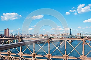 New York, Usa: skyline, skyscrapers and Manhattan Bridge viewed from Brooklyn Bridge