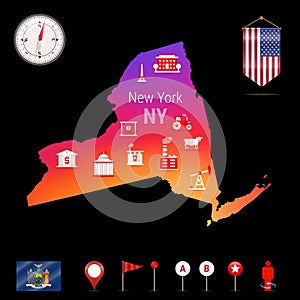 New York Vector Map, Night View. Compass Icon, Map Navigation Elements. Pennant Flag of the USA. Industries Icons