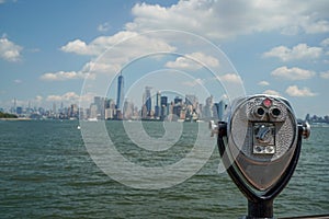 New york view cityscape from hudson river liberty island