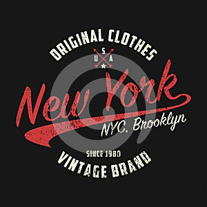 New York vintage brand graphic for t-shirt. Original clothes design with grunge. Authentic apparel typography. Vector.