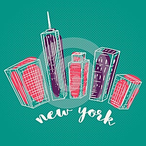 New York. Vintage colorful hand drawn city landscape.