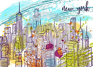 New York. Vintage colorful hand drawn city landscape and splashes in watercolor style.