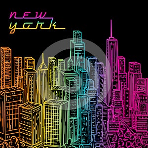 New York. Vintage colorful hand drawn night city landscape. Vector illustration