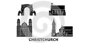 New Zealand, Christchurch flat travel skyline set. New Zealand, Christchurch black city vector illustration, symbol